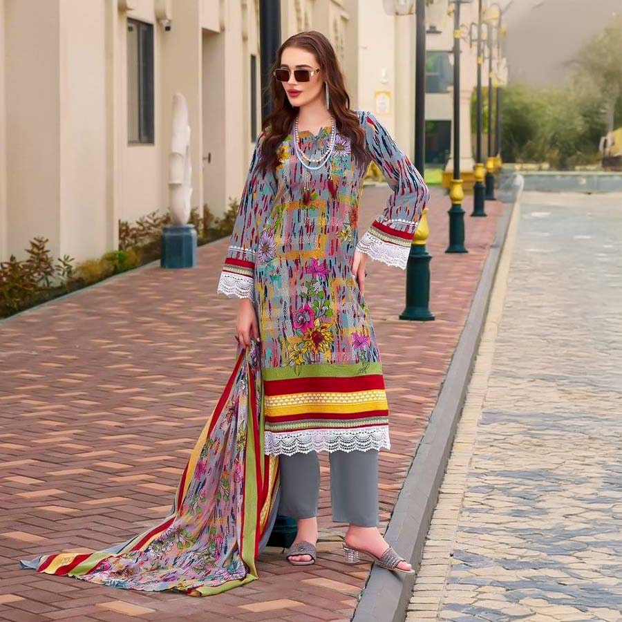 Grey Cotton Printed Salwar Kameez