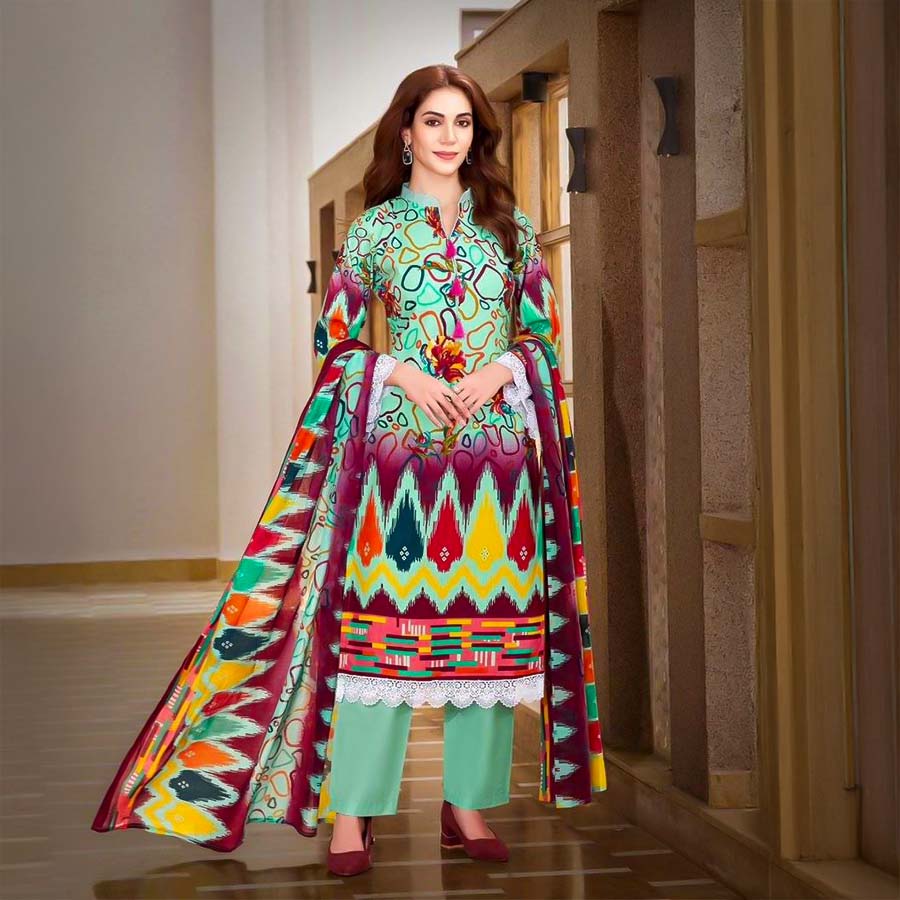 Cyan Cotton Printed Salwar Kameez