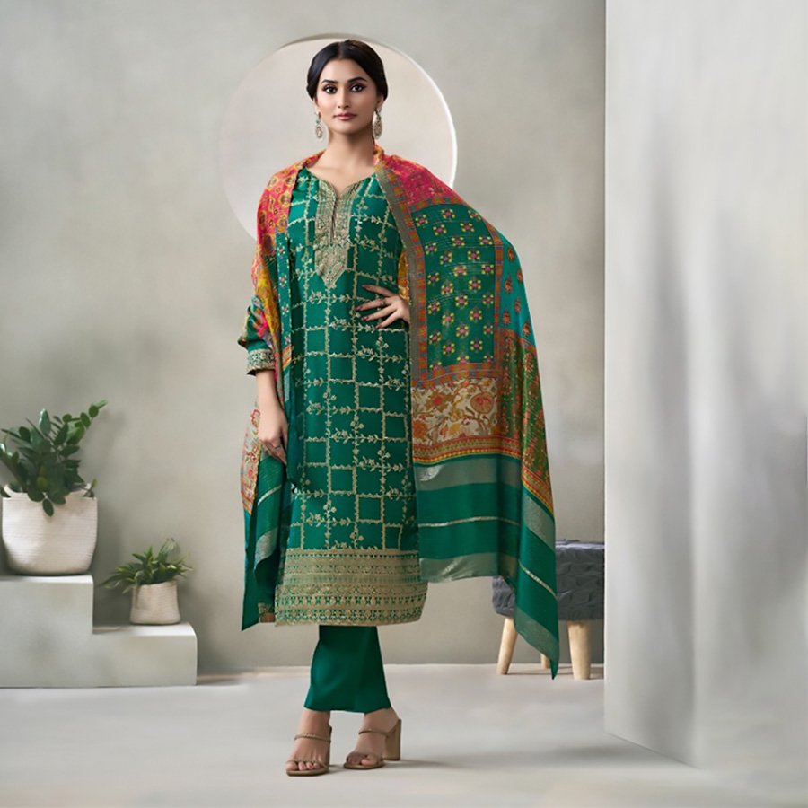 Green Jacquard Partywear Suit