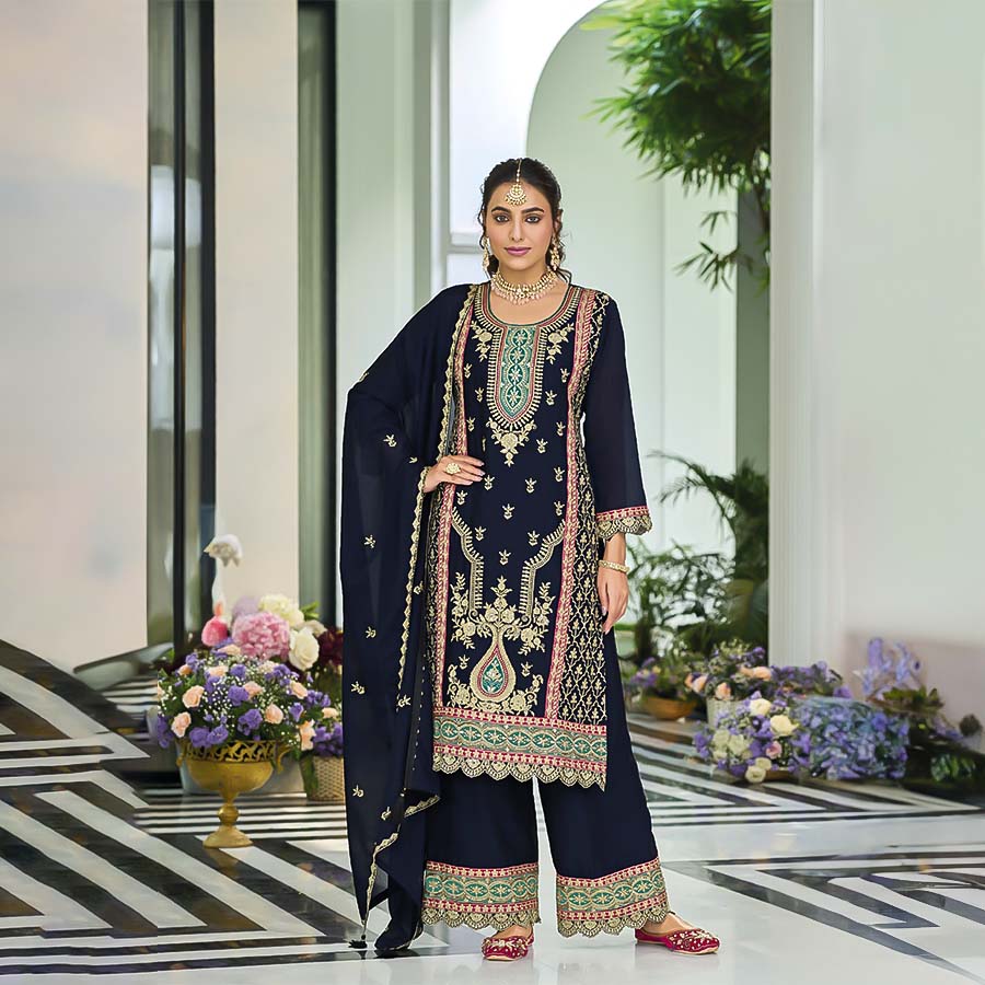 Blue  Chinon Designer Salwar Kameez