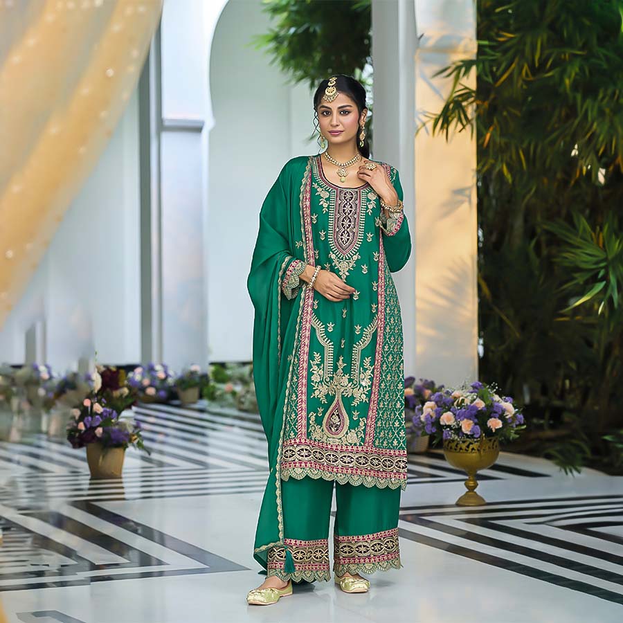 Green Chinon Designer Salwar Kameez