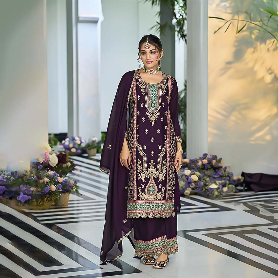 Brown Chinon Designer Salwar Kameez