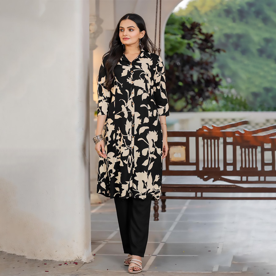 Black & white Rayon  Printed Kurtis