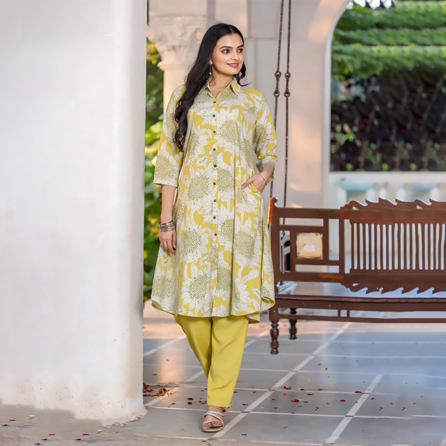 Yellow& white Rayon  Printed Kurtis