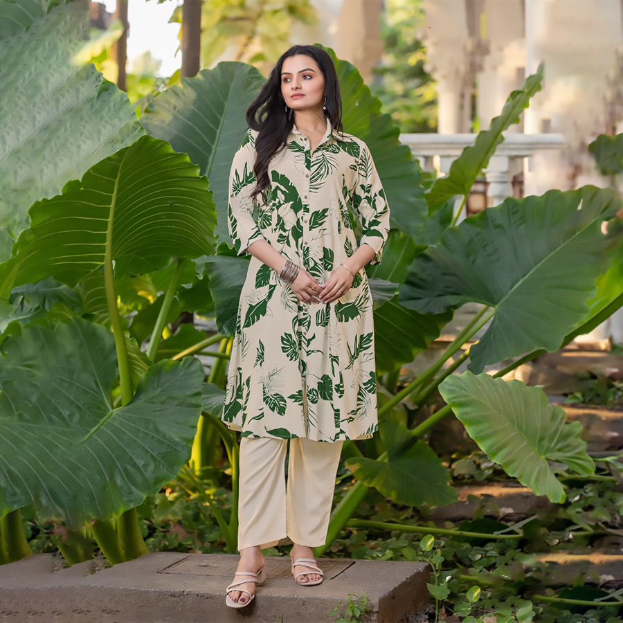 Sea green & white Rayon  Printed Kurtis