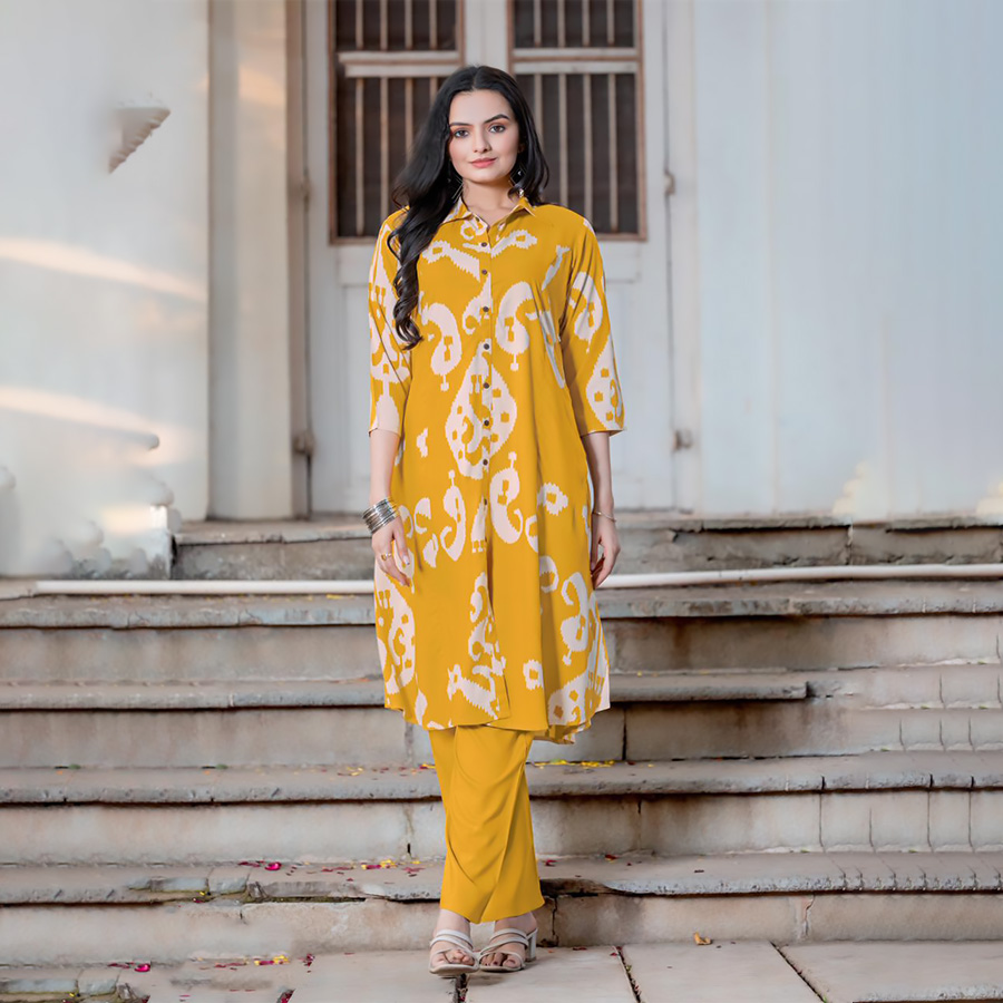 Yellow & white Rayon  Printed Kurtis