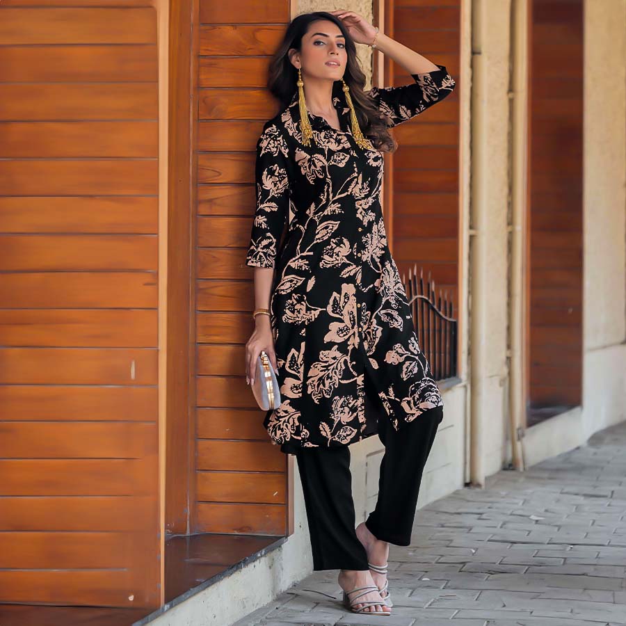 Black  Rayon Casual Wear Kurti
