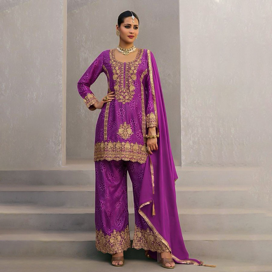 Purple  Chinon Silk Party Wear Salwar Kameez