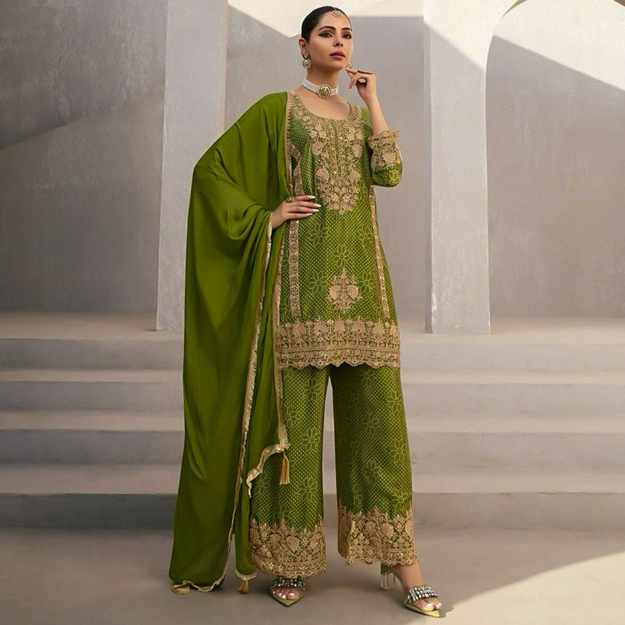 Green  Chinon Silk Party Wear Salwar Kameez