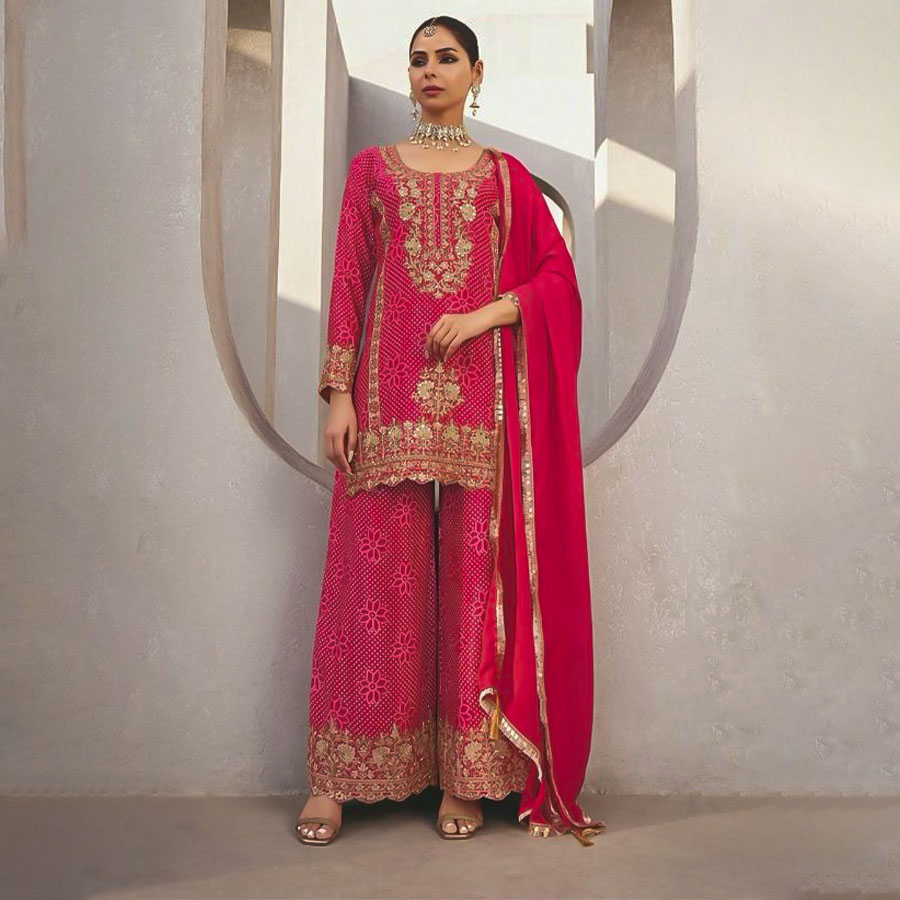 Red Chinon Silk Party Wear Salwar Kameez