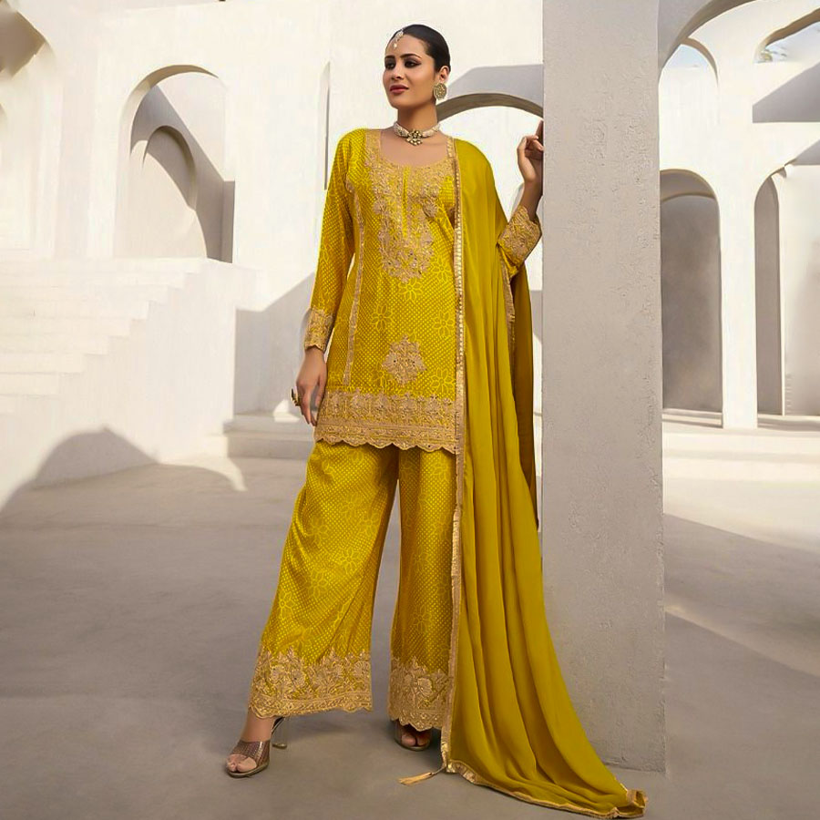 Yellow Chinon Silk Party Wear Salwar Kameez