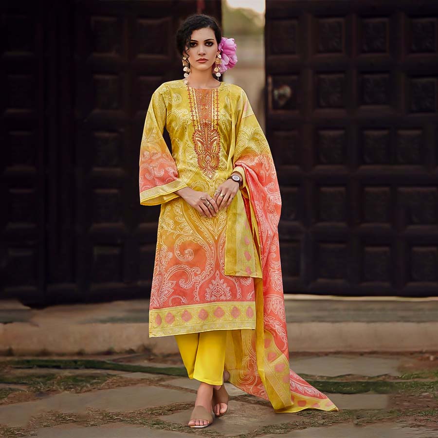 Yellow  Cotton Casual Wear Salwar Kameez