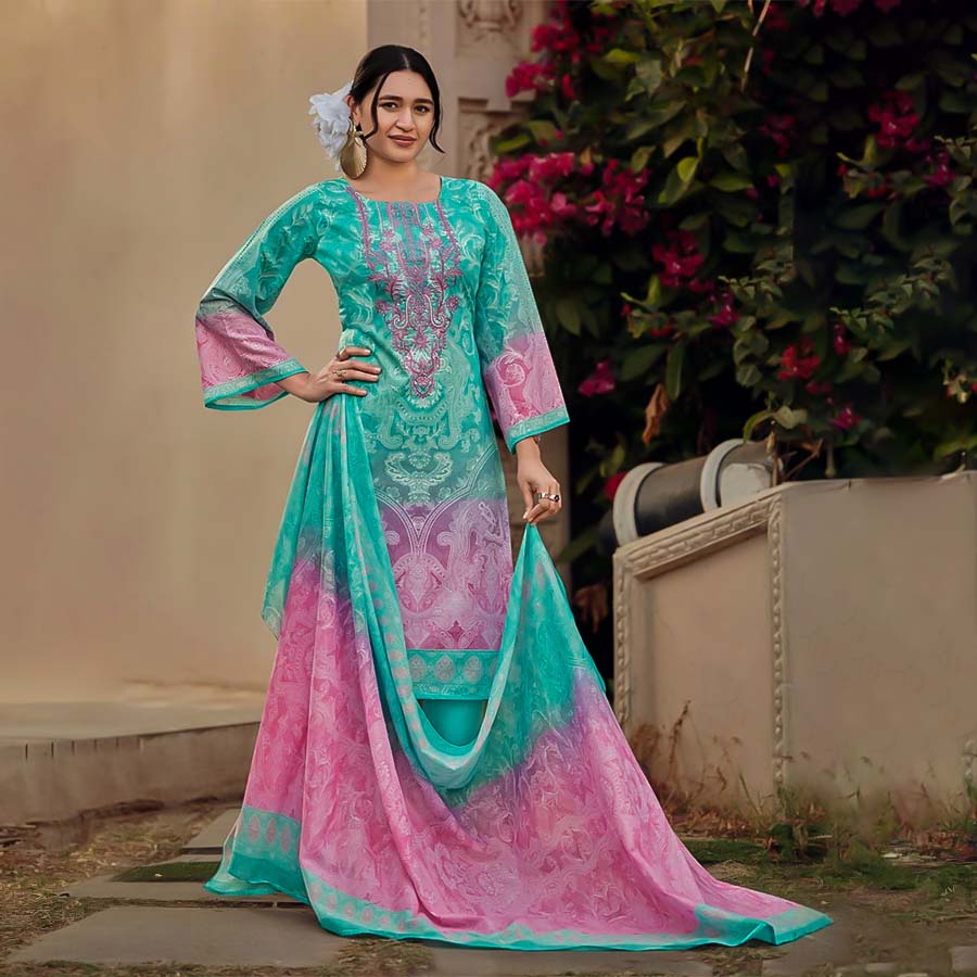 Cyan Cotton Casual Wear Salwar Kameez