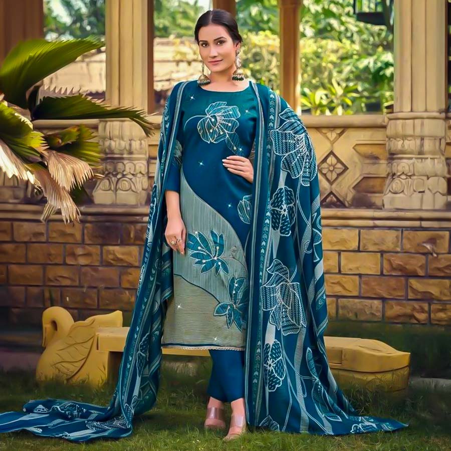 Blue Jam Cotton Casual Wear Salwar Kameez