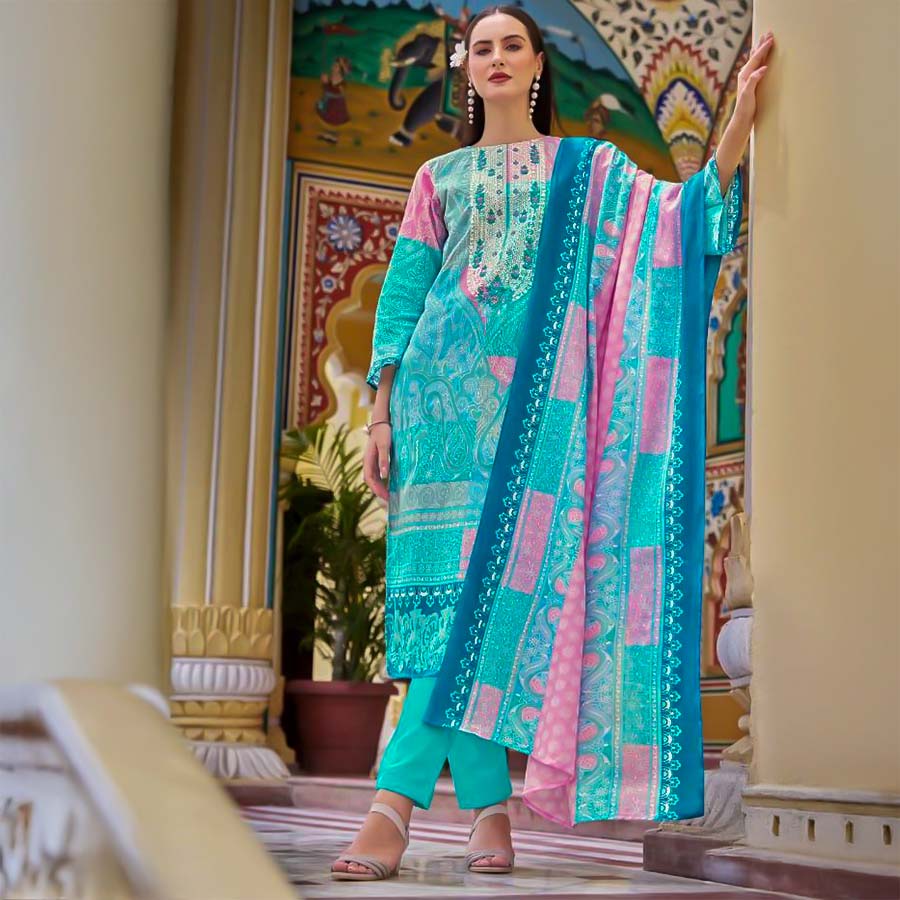 Sky Blue Cotton Casual Wear Salwar Kameez