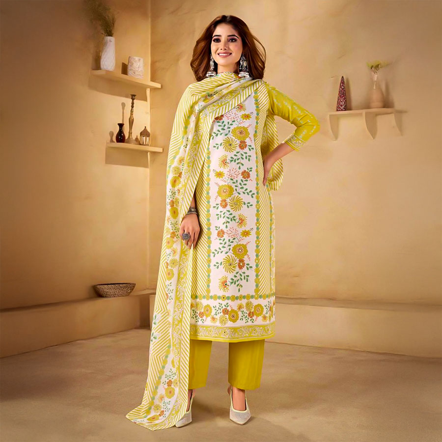 Yellow Cotton Casual Wear Salwar Kameez