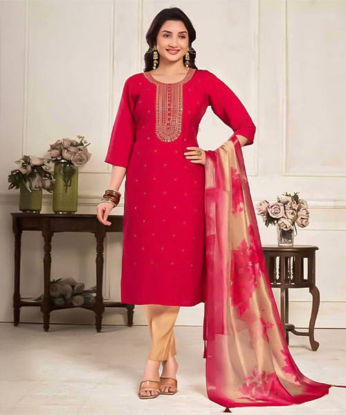 Red Roman Silk  Casual Wear Salwar Kameez