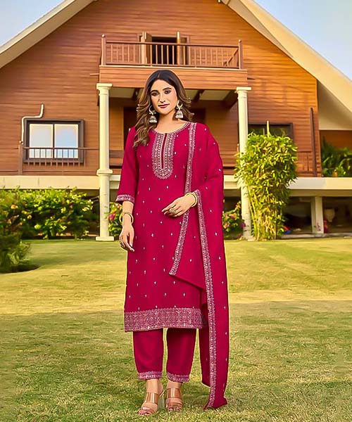 Red Vichitra Silk Casual Wear Kurti