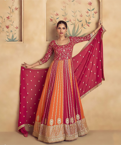 Pink & orange Georgette Designer Suit