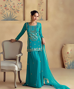 Blue Chinon silk Partywear Suit