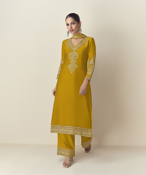 Yellow Chinon silk Partywear Suit