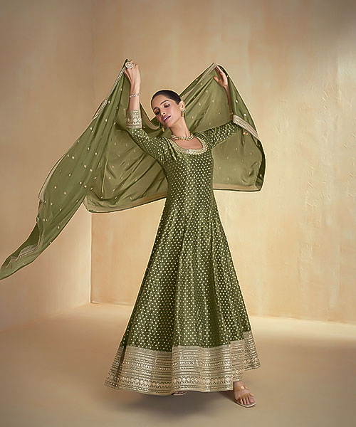 Olive Green Organza Designer Salwar Kameez