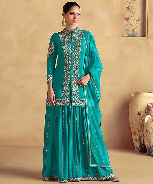 Sky Blue Chinon Silk Party Wear Salwar Kameez in newport