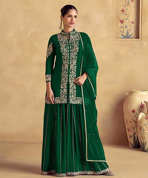 Green Chinon Silk Party Wear Salwar Kameez in newport