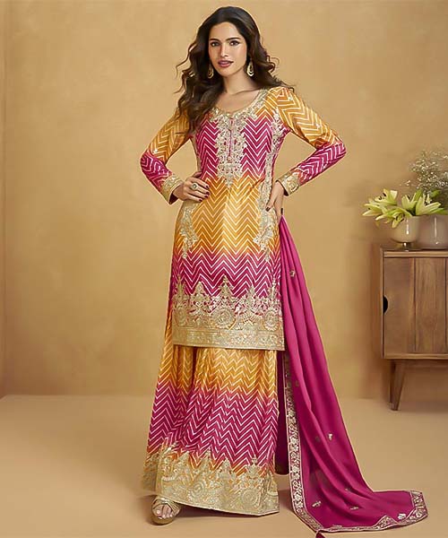 Yellow Chinon Silk Party Wear Salwar Kameez in delhi