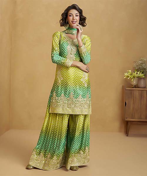 Green Chinon Silk Party Wear Salwar Kameez in delhi