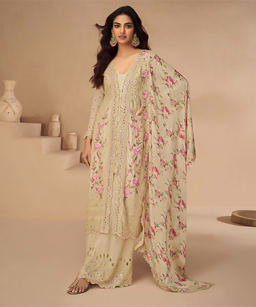 Yellow  Chinon Silk Designer Salwar Kameez