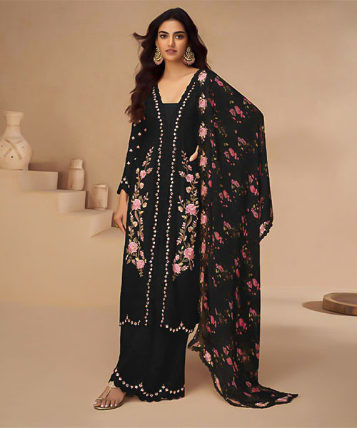 Black  Chinon Silk Designer Salwar Kameez