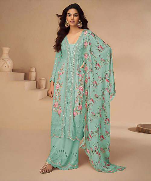 Cyan Chinon Silk Designer Salwar Kameez