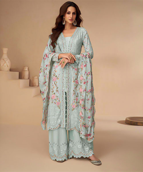 Grey  Chinon Silk Designer Salwar Kameez