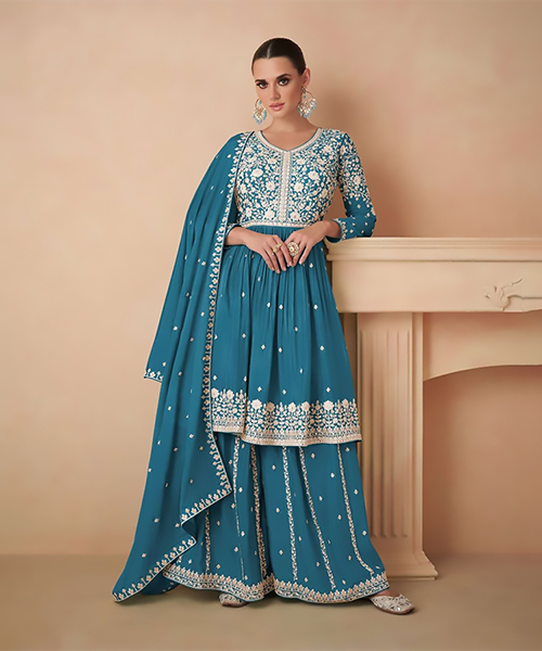 Blue Chinon silk Partywear Suit