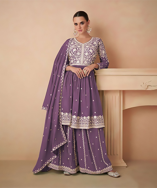 Purple Chinon silk Partywear Suit