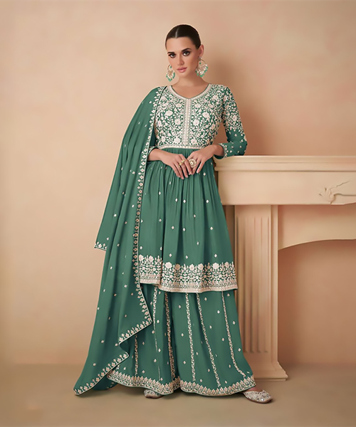 Green Chinon silk Partywear Suit