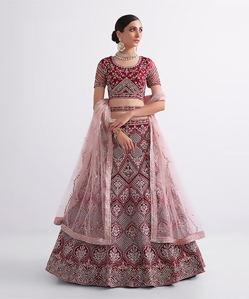 Maroon Net Designer Lehenga