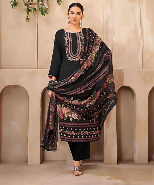 Black Viscose Muslin Casual Wear Salwar Kameez