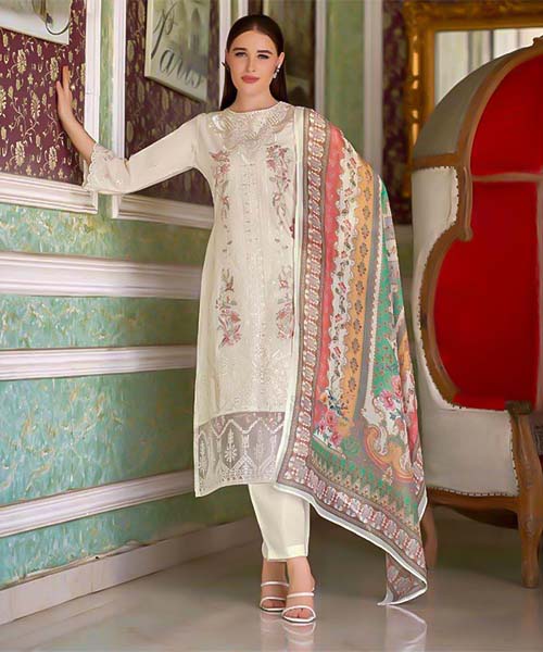 White  Cambric Lawn  Casual Wear Salwar Kameez in india