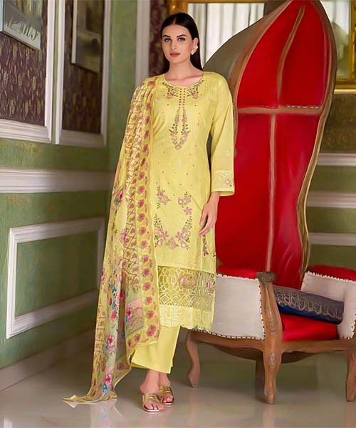 Yellow Cambric Lawn  Casual Wear Salwar Kameez in india