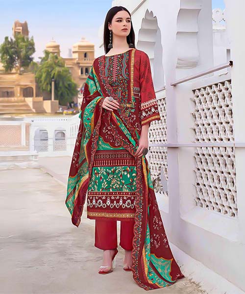Red Cambric Cotton Casual Wear Salwar Kameez