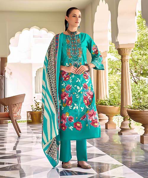 Cyan Cambric Cotton Casual Wear Salwar Kameez in edinburgh