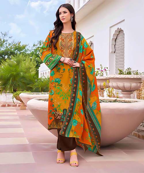 Orange  Cambric Cotton Printed Salwar Kameez in cyprus