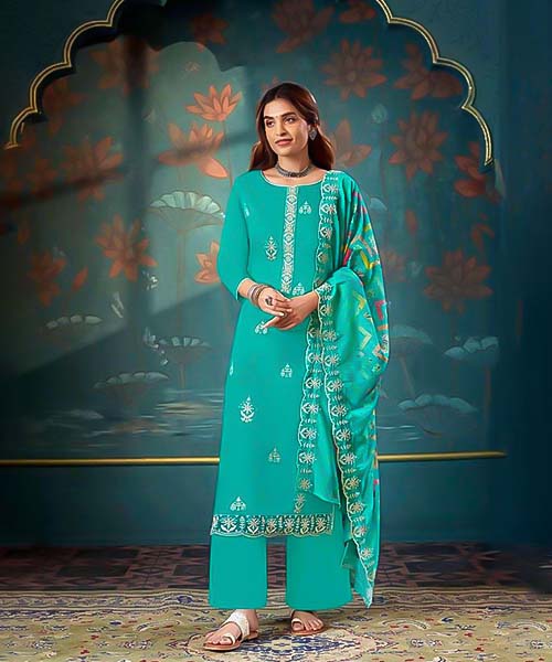 Cyan Cotton Casual Wear Salwar Kameez