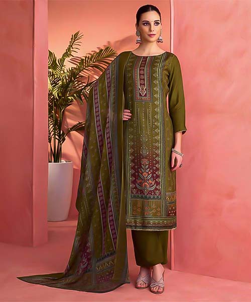 Olive Green Viscose Muslin Casual Wear Salwar Kameez