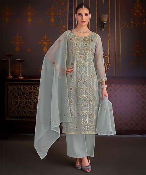 White  Organza Casual Wear Salwar Kameez