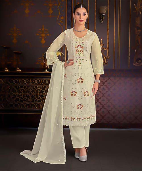 White  Organza Casual Wear Salwar Kameez