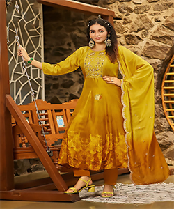 Yellow Dola silk Anarkali Suit