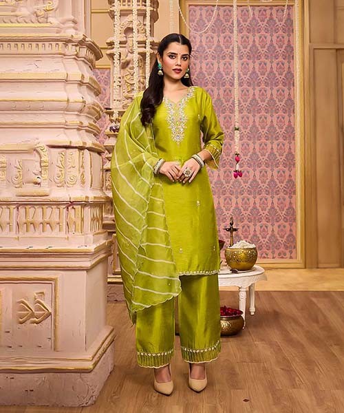 Green Pure Dola Party Wear Kurti